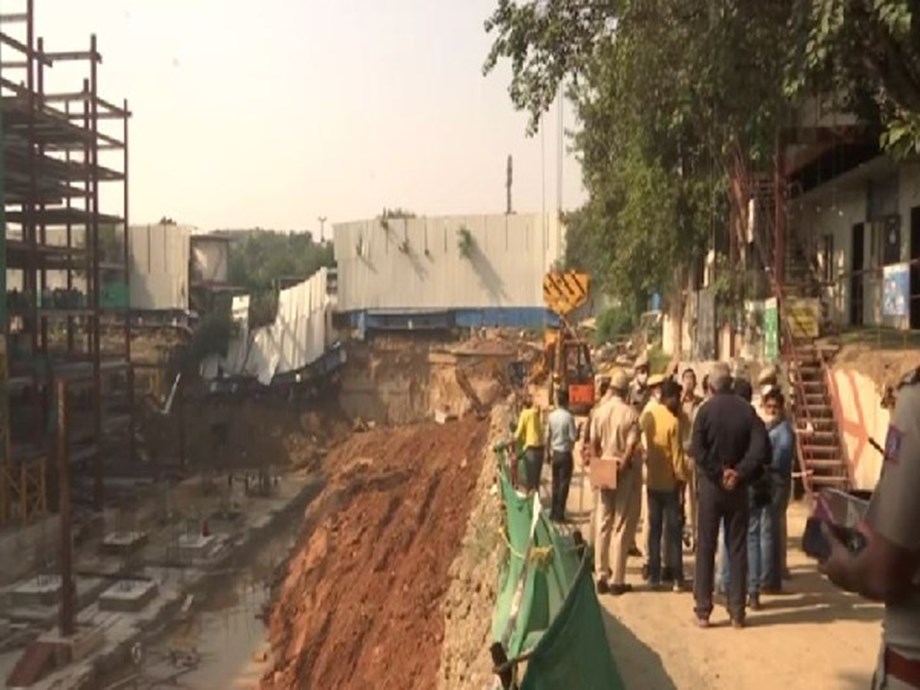 Portion of mall construction site in Delhi caves in Portion of mall construction site in Delhi caves in